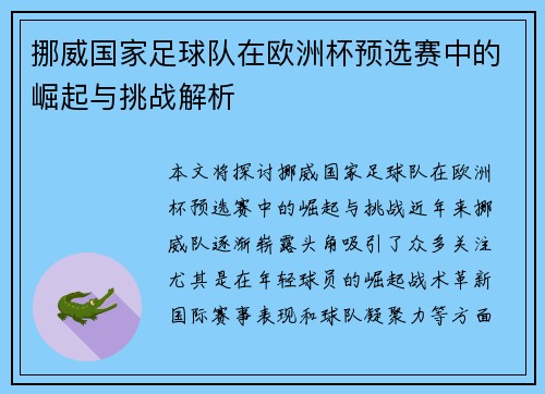 挪威国家足球队在欧洲杯预选赛中的崛起与挑战解析